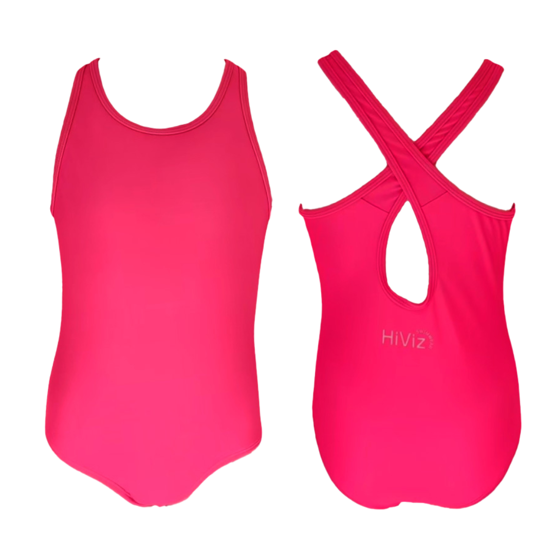 Product image of a women's neon pink swimsuit one-piece on a white background. The front of the neon pink swimsuit one-piece with a full coverage look and beside that is the back fo the neon pink swimsuit one-piece with crisscrossed straps.